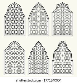 Conjunto de 6 ventanas con ornamento geométrico de estilo árabe. Ventanas ornamentales arábigas o islámicas tradicionales en blanco y negro. Elementos de diseño aislados para invitación, tarjeta de saludo, página de coloreado