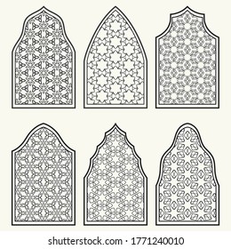 Set of 6 windows with geometric ornament in arabian style. Traditional arabic or islamic ornamental windows in black and white. Isolated design elements for invitation, greeting card, coloring page
