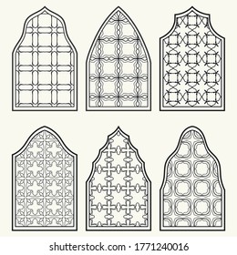 Set of 6 windows with geometric ornament in arabian style. Traditional arabic or islamic ornamental windows in black and white. Isolated design elements for invitation, greeting card, coloring page