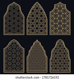 Set of 6 windows with geometric ornament in arabian style. Traditional arabic or islamic ornamental windows in gold and black. Isolated design elements for invitation, greeting card