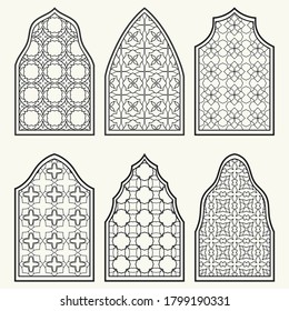 Conjunto de 6 ventanas con ornamento geométrico de estilo árabe. Ventanas ornamentales arábigas o islámicas tradicionales en blanco y negro. Elementos de diseño aislados para invitación, tarjeta de saludo, página de coloreado