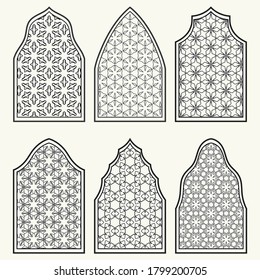 Set of 6 windows with geometric ornament in arabian style. Traditional arabic or islamic ornamental windows in black and white. Isolated design elements for invitation, greeting card, coloring page