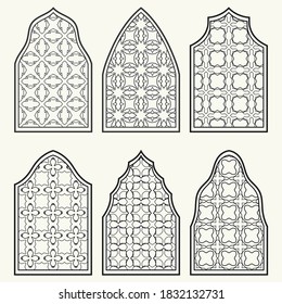 Set of 6 windows with geometric ornament in arabian style. Traditional arabic or islamic ornamental windows in black and white. Isolated design elements for invitation, greeting card, coloring page