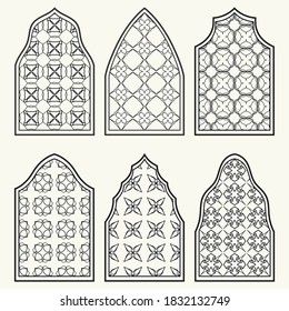 Conjunto de 6 ventanas con ornamento geométrico de estilo árabe. Ventanas ornamentales arábigas o islámicas tradicionales en blanco y negro. Elementos de diseño aislados para invitación, tarjeta de saludo, página de coloreado