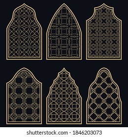 Set of 6 windows with geometric ornament in arabian style. Traditional arabic or islamic ornamental windows in gold and black. Isolated design elements for invitation, greeting card