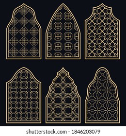Set of 6 windows with geometric ornament in arabian style. Traditional arabic or islamic ornamental windows in gold and black. Isolated design elements for invitation, greeting card