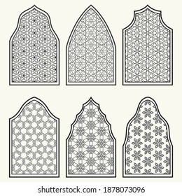 Set of 6 windows with geometric ornament in arabian style. Traditional arabic or islamic ornamental windows in black and white. Isolated design elements for invitation, greeting card, coloring page