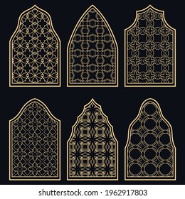 Set of 6 windows with geometric ornament in arabian style. Traditional arabic or islamic ornamental windows in gold and black. Isolated design elements for invitation, greeting card