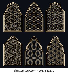 Set von 6 Fenstern mit geometrischen Ornamenten im arabischen Stil. Traditionelle arabische oder islamische Zierfenster in Gold und Schwarz. Einzige Design-Elemente für Einladung, Grußkarte