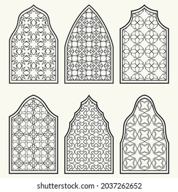 Set of 6 windows with geometric ornament in arabian style. Traditional arabic or islamic ornamental windows in black and white. Isolated design elements for invitation, greeting card, coloring page