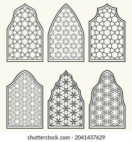 Set of 6 windows with geometric ornament in arabian style. Traditional arabic or islamic ornamental windows in black and white. Isolated design elements for invitation, greeting card, coloring page