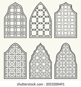 Set of 6 windows with geometric ornament in arabian style. Traditional arabic or islamic ornamental windows in black and white. Isolated design elements for invitation, greeting card, coloring page