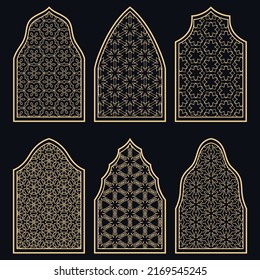 Set of 6 windows with geometric ornament in arabian style. Traditional arabic or islamic ornamental windows in gold and black. Isolated design elements for invitation, greeting card
