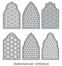 Set of 6 windows with geometric ornament in arabian style. Traditional arabic or islamic ornamental windows in black and white. Isolated design elements for invitation, greeting card, coloring page 