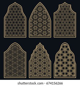 Set of 6 windows with geometric ornament in arabian style. Traditional arabic or islamic ornamental windows in gold and black. Isolated design elements for invitation, greeting card, coloring page