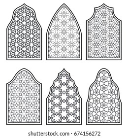 Set of 6 windows with geometric ornament in arabian style. Traditional arabic or islamic ornamental windows in black and white. Isolated design elements for invitation, greeting card, coloring page