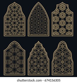 Set of 6 windows with geometric ornament in arabian style. Traditional arabic or islamic ornamental windows in gold and black. Isolated design elements for invitation, greeting card, coloring page