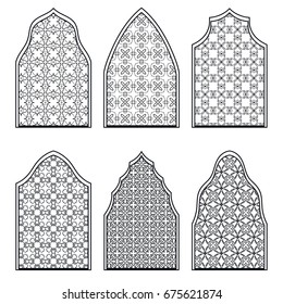 Set of 6 windows with geometric ornament in arabian style. Traditional arabic or islamic ornamental windows in black and white. Isolated design elements for invitation, greeting card, coloring page