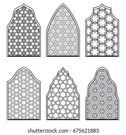 Set of 6 windows with geometric ornament in arabian style. Traditional arabic or islamic ornamental windows in black and white. Isolated design elements for invitation, greeting card, coloring page