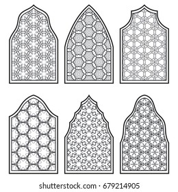 Set of 6 windows with geometric ornament in arabian style. Traditional arabic or islamic ornamental windows in black and white. Isolated design elements for invitation, greeting card, coloring page