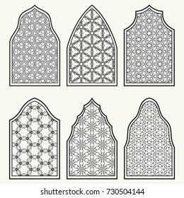 Set of 6 windows with geometric ornament in arabian style. Traditional arabic or islamic ornamental windows in black and white. Isolated design elements for invitation, greeting card, coloring page