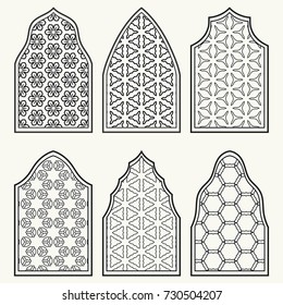 Set of 6 windows with geometric ornament in arabian style. Traditional arabic or islamic ornamental windows in black and white. Isolated design elements for invitation, greeting card, coloring page