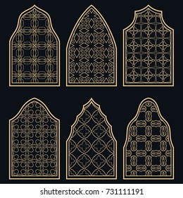 Set of 6 windows with geometric ornament in arabian style. Traditional arabic or islamic ornamental windows in gold and black. Isolated design elements for invitation, greeting card, coloring page