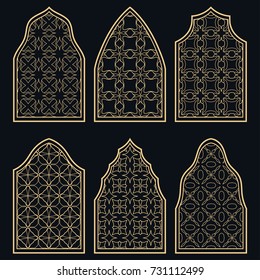 Set of 6 windows with geometric ornament in arabian style. Traditional arabic or islamic ornamental windows in gold and black. Isolated design elements for invitation, greeting card, coloring page