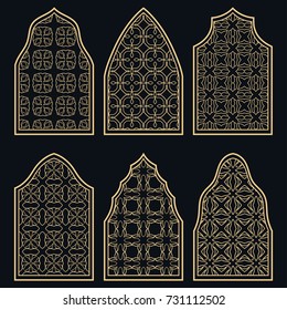 Set of 6 windows with geometric ornament in arabian style. Traditional arabic or islamic ornamental windows in gold and black. Isolated design elements for invitation, greeting card, coloring page