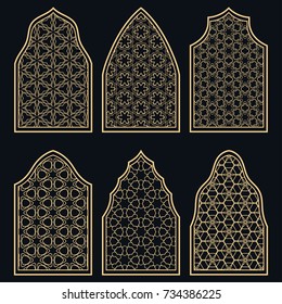 Set of 6 windows with geometric ornament in arabian style. Traditional arabic or islamic ornamental windows in gold and black. Isolated design elements for invitation, greeting card, coloring page