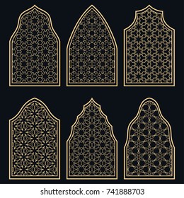 Set of 6 windows with geometric ornament in arabian style. Traditional arabic or islamic ornamental windows in gold and black. Isolated design elements for invitation, greeting card