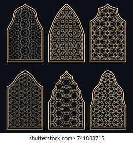 Set of 6 windows with geometric ornament in arabian style. Traditional arabic or islamic ornamental windows in gold and black. Isolated design elements for invitation, greeting card