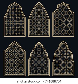 Set of 6 windows with geometric ornament in arabian style. Traditional arabic or islamic ornamental windows in gold and black. Isolated design elements for invitation, greeting card