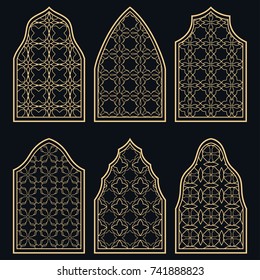 Set of 6 windows with geometric ornament in arabian style. Traditional arabic or islamic ornamental windows in gold and black. Isolated design elements for invitation, greeting card