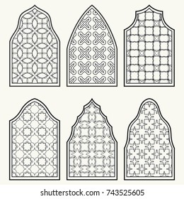 Set of 6 windows with geometric ornament in arabian style. Traditional arabic or islamic ornamental windows in black and white. Isolated design elements for invitation, greeting card, coloring page