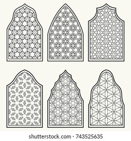 Set of 6 windows with geometric ornament in arabian style. Traditional arabic or islamic ornamental windows in black and white. Isolated design elements for invitation, greeting card, coloring page