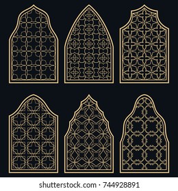 Set of 6 windows with geometric ornament in arabian style. Traditional arabic or islamic ornamental windows in gold and black. Isolated design elements for invitation, greeting card
