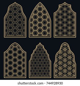 Set of 6 windows with geometric ornament in arabian style. Traditional arabic or islamic ornamental windows in gold and black. Isolated design elements for invitation, greeting card
