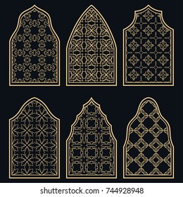 Set of 6 windows with geometric ornament in arabian style. Traditional arabic or islamic ornamental windows in gold and black. Isolated design elements for invitation, greeting card