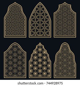 Set of 6 windows with geometric ornament in arabian style. Traditional arabic or islamic ornamental windows in gold and black. Isolated design elements for invitation, greeting card