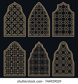 Set of 6 windows with geometric ornament in arabian style. Traditional arabic or islamic ornamental windows in gold and black. Isolated design elements for invitation, greeting card