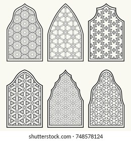 Set of 6 windows with geometric ornament in arabian style. Traditional arabic or islamic ornamental windows in black and white. Isolated design elements for invitation, greeting card, coloring page