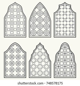 Set of 6 windows with geometric ornament in arabian style. Traditional arabic or islamic ornamental windows in black and white. Isolated design elements for invitation, greeting card, coloring page