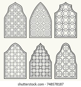 Set of 6 windows with geometric ornament in arabian style. Traditional arabic or islamic ornamental windows in black and white. Isolated design elements for invitation, greeting card, coloring page