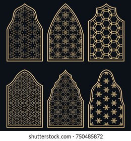 Set of 6 windows with geometric ornament in arabian style. Traditional arabic or islamic ornamental windows in gold and black. Isolated design elements for invitation, greeting card