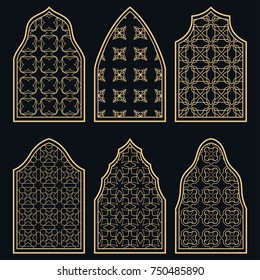 Set of 6 windows with geometric ornament in arabian style. Traditional arabic or islamic ornamental windows in gold and black. Isolated design elements for invitation, greeting card