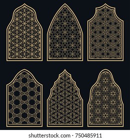 Set of 6 windows with geometric ornament in arabian style. Traditional arabic or islamic ornamental windows in gold and black. Isolated design elements for invitation, greeting card