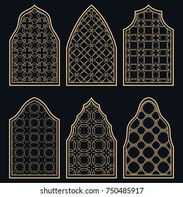 Set of 6 windows with geometric ornament in arabian style. Traditional arabic or islamic ornamental windows in gold and black. Isolated design elements for invitation, greeting card