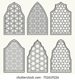 Set of 6 windows with geometric ornament in arabian style. Traditional arabic or islamic ornamental windows in black and white. Isolated design elements for invitation, greeting card, coloring page