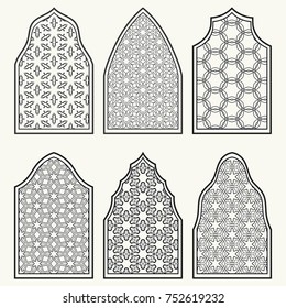 Set of 6 windows with geometric ornament in arabian style. Traditional arabic or islamic ornamental windows in black and white. Isolated design elements for invitation, greeting card, coloring page